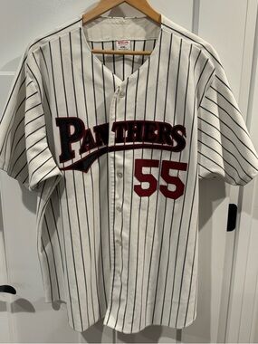 VTG Carolina Panthers Pinstripe Baseball Jersey - White & Maroon XXL